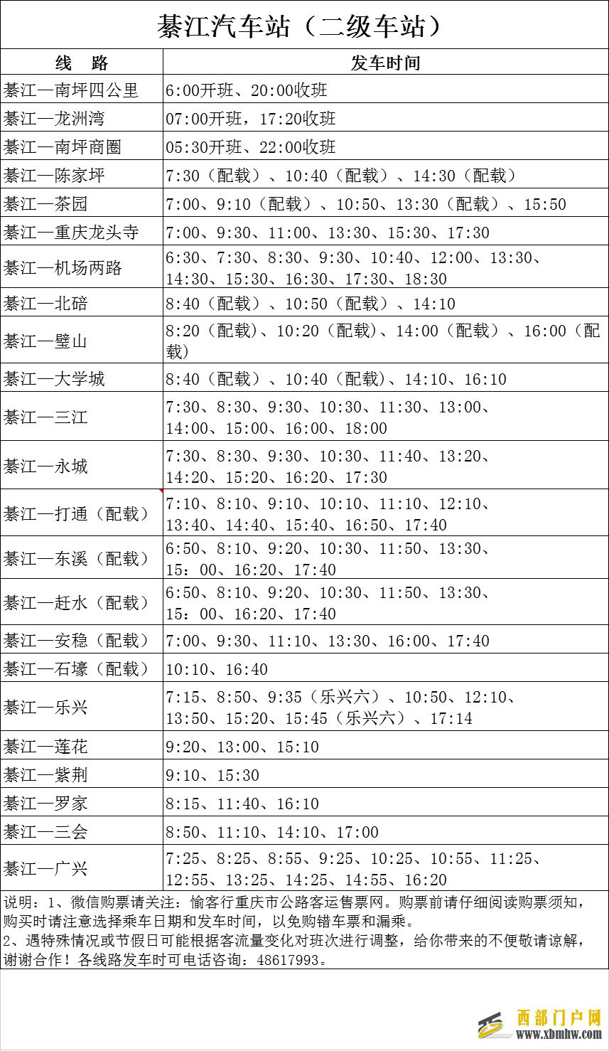 綦江汽车站（二级车站）、綦江客运中心（通惠）最新发班时间表来咯~(图1)