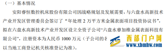 睿恒数控拟投资1000万设立全资子公司六盘水睿加维金属表面科技有限公司(图1)